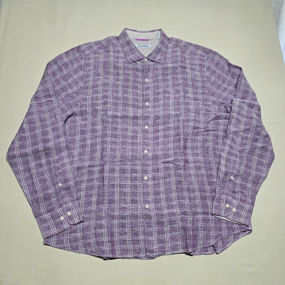 Tommy Bahama Men XL Purple Plaid Linen Shirt Long Sleeve Button Down Classic Fit